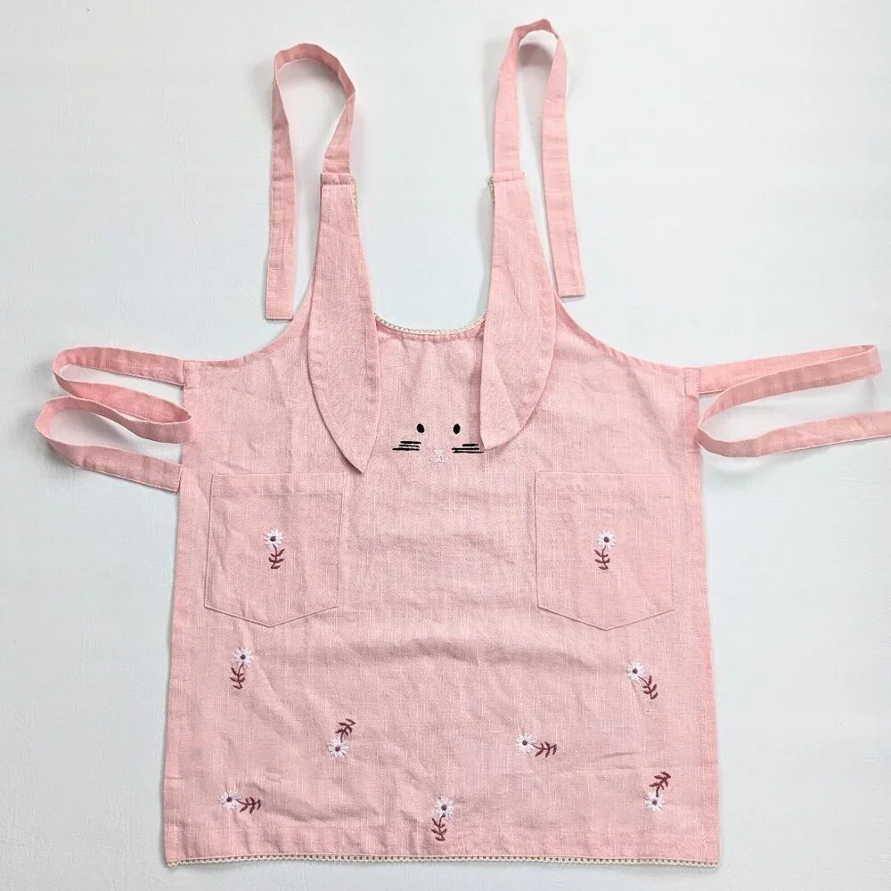 Sur La Table Girls Easter Bunny Apron Pink Floral Embroidered 7-10 Years Cotton
